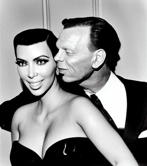 Prompt: Frank sinatra hugging kim kardashian