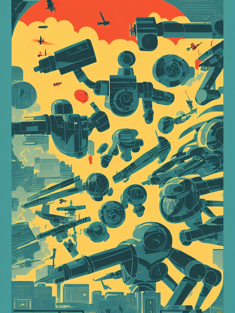 Image similar to tom whalen poster illustration of a large retro science fiction robot battle above city neighbourhood, vintage muted colors, some grungy markings