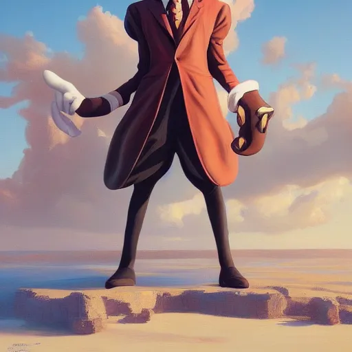 Image similar to salvadore dali cosplay bugs bunny, art by wgreg rutkowski. during golden hour. extremely detailed.