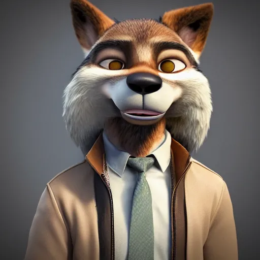 Image similar to portrait, 3d render , anthropomorphic wolf male , wearing along brown leather jacket , in the style of Zootopia