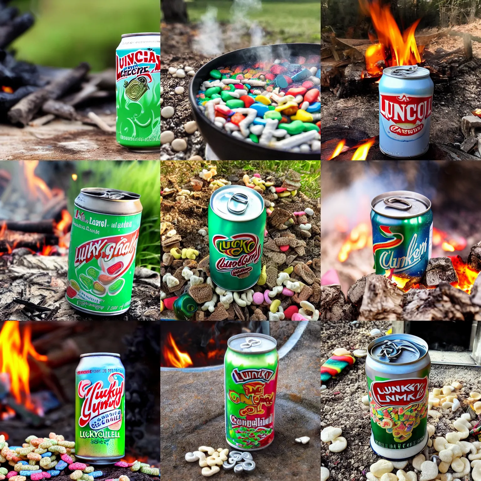 Prompt: a can of lucky charms soda by the fire, condensation