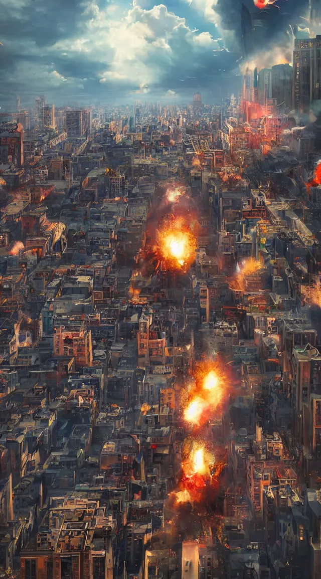 Prompt: hyperrealistic giant toy tin soldier destroying city, stunning, realistic, highly detailed attributes and atmosphere, dim volumetric cinematic lighting, 8 k octane extremely hyper - detailed render, post - processing, masterpiece, sky, art deco buildings, windows, cars, explosion, street view