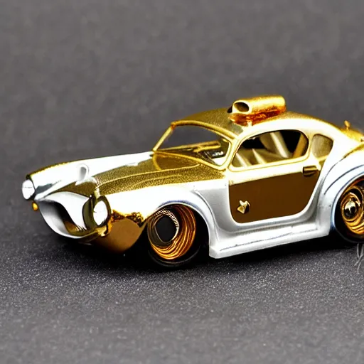 Prompt: 5 5 mm photo of metallic white steampunk shelby like hot wheels model in gold city background