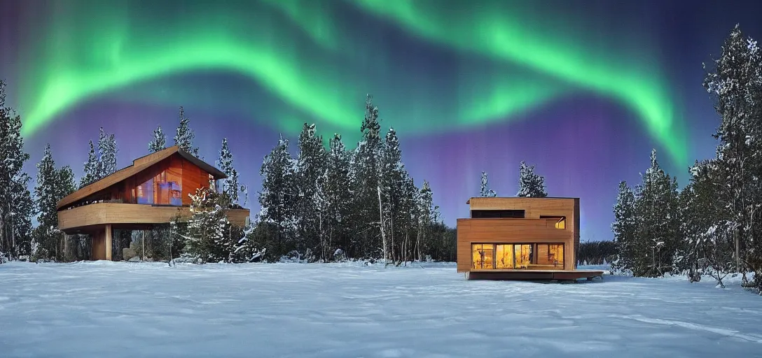 Prompt: a big modern cabin in the middle of a lake, a beautiful terrace, night, rainbow aurora, snow falling, classic painting, award winning, highly detailed