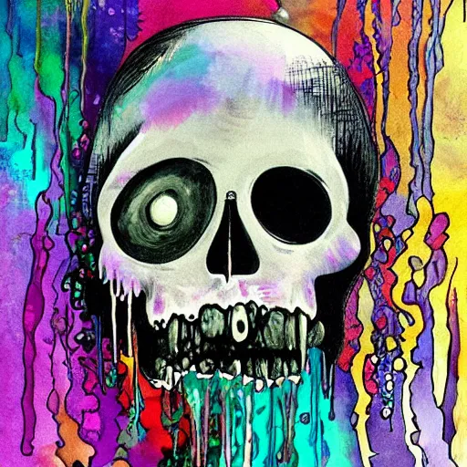 Image similar to drippy, dripping paint, skull, trippy, Miyazaki style, studio ghibli, exaggerated accents