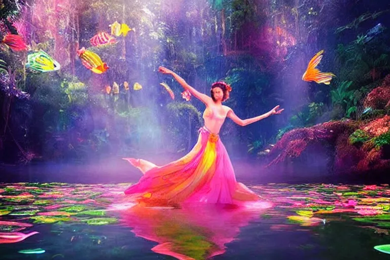 Image similar to ethereal glowing goddess dancing on a pond in the jungle surrounded by colorful glowing flying fish at night cinematic by Ridley Scott