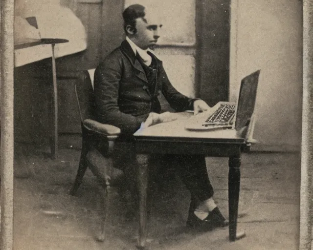 Image similar to an early 1800s photo of someone sitting at a computer looking for good textures to use