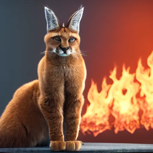 Image similar to wide-angle photo of fluffy cute caracal sitting on a stool in a room, flames of fire at background, octane render, 3d, 8k, hd, studio light