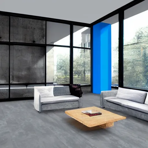 Prompt: hyper realistic image of a living room with a sofa in the middle and a large window behind, blue oxide flooring, concrete, glass, wood