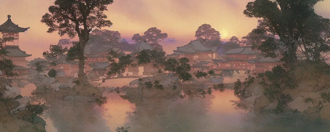 Image similar to a beautiful painting of an ancient japanese town nearby a small river in the evening by alfons maria mucha and ivan aivazovsky, ultra detailed, volumetric lighting, pink vibe