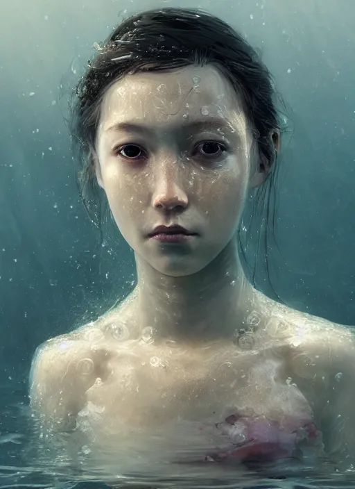 Image similar to A fancy portrait of an injured girl submerged in water by Greg Rutkowski, Sung Choi, Mitchell Mohrhauser, Maciej Kuciara, Johnson Ting, Maxim Verehin, Peter Konig, Bloodborne, 8k photorealistic, cinematic lighting, HD, high details, dramatic, atmospheric , trending on artstation