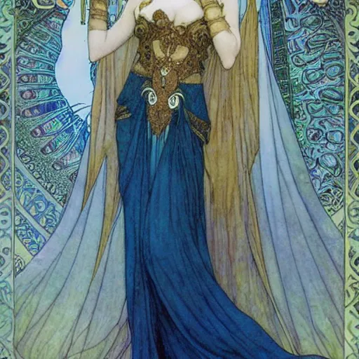 Image similar to beautiful ishtar goddess in long flowy dress, porcelain skin by rebecca guay and mucha