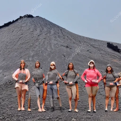 Prompt: women made of diamonds standing in front of a volcanic terrain