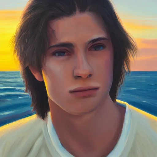 Image similar to a teen guy with mullet, portrait, sunset, ocean in distance, oil painting, pale colors, high detail, 8 k, wide angle, trending on artstation,