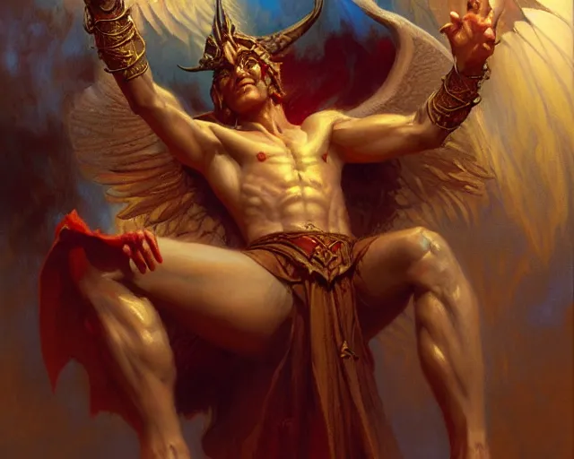 Image similar to attractive demonic male deity, casting magic, summoning handsome lucifer morning star. highly detailed painting by gaston bussiere, craig mullins, j. c. leyendecker 8 k