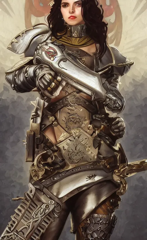 Prompt: beautiful female inquisitor, warhammer 40k, leather armor, bolt pistol in one hand, chainsword in the other, tight leather leggins, full body, ultra facial detail, Artgerm Greg in style of Alphonse Mucha artstation deviantart, 8k, fanart, extreme aesthetic