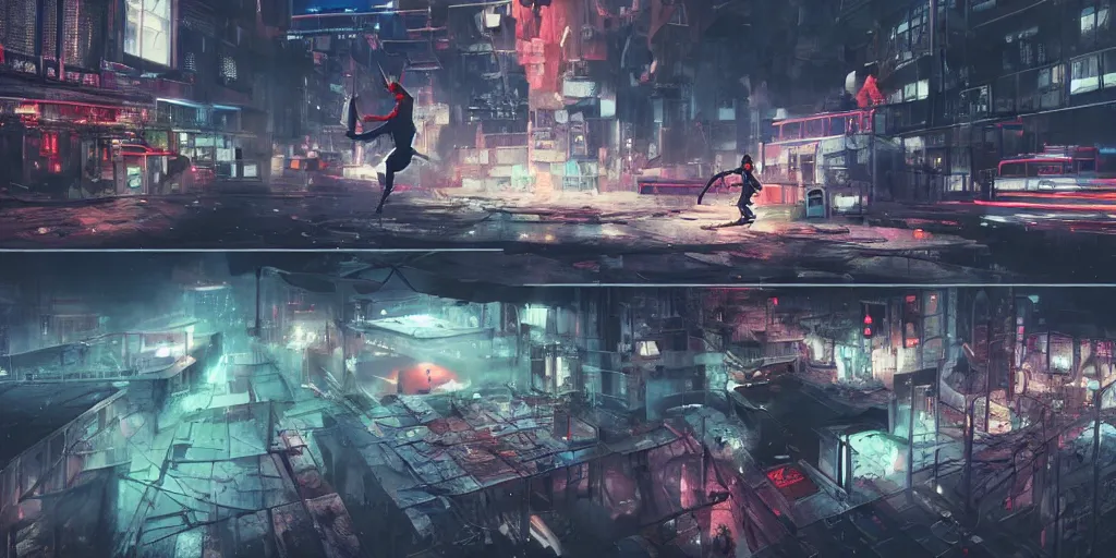 Image similar to cinematic shots of teenagers with tech clothing and hoods and tactical masks doing risky parkour on the rooftops of a dystopian city, neon lights, sci - fi, night lights, rain and haze, concept art, intricate, in the style of katsuhiro otomo, akira, unreal engine