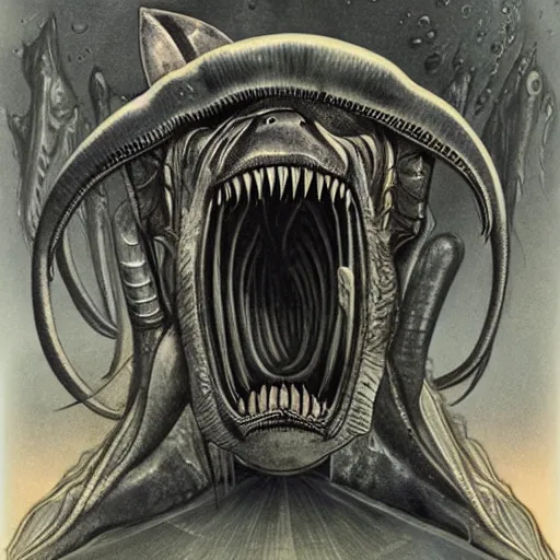 Image similar to giger illustration of a shark, Alien mouth