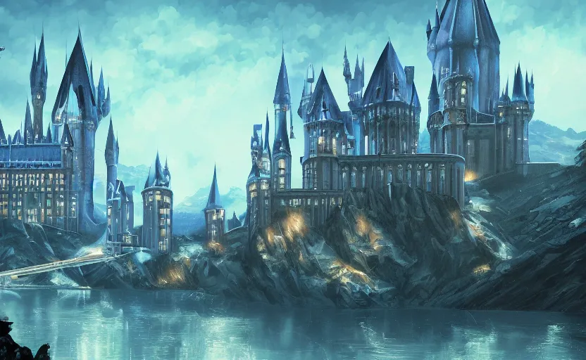 Image similar to a super detailed beautiful painting of futaristic hogwarts by shaddy safadi, 8 k, blue hue, warm lighting, cyberpunk trending on artstation