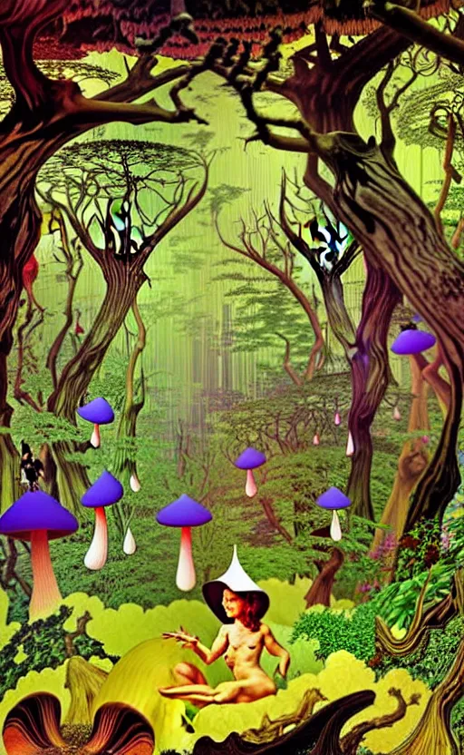 Prompt: psychedelic mushrooms in an enchanted forest with fairies in the trees wide angle shot, white background, vector art, illustration by frank frazetta and salvador dali