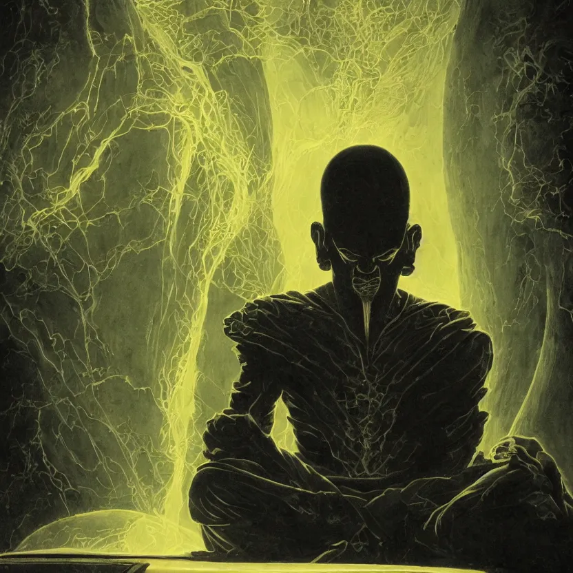 Prompt: a close - up view portrait of a silhouetted supernatural wizard meditating in baroque neoclassicist halls with futuristic metallic technology. close - up view, detailed textures. glowing colorful fog, dark black background. highly detailed fantasy science fiction painting by moebius, norman rockwell, frank frazetta, and syd mead. rich colors, high contrast. artstation