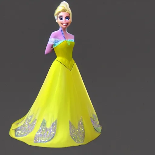 Prompt: Yellow minion from despicable me, dressed as Princess Elsa from Frozen Disney, 3d ray tracing, HD, rendered, highly detailed model