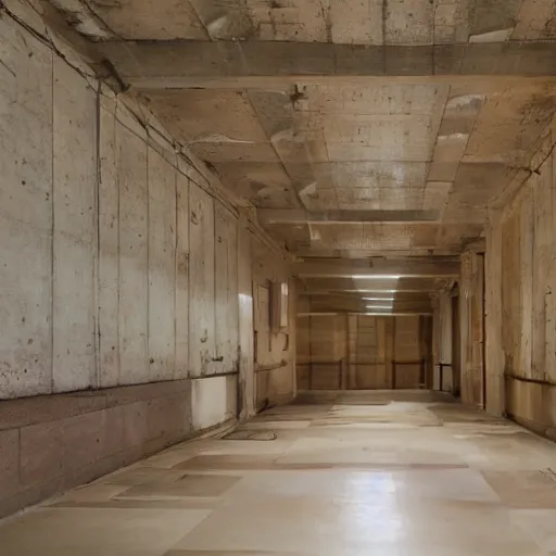 Prompt: noisy color photograph of a liminal space in the style of brutalism, wise hallways with high ceilings, minimalist, oddly familiar, cinematic, dramatic lighting, soft vintage glow