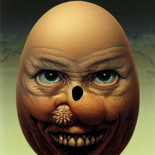 Image similar to humpty dumpty in form of egg, detailed pattern on skin, front view by by luis royo and wayne barlowe, beksinski