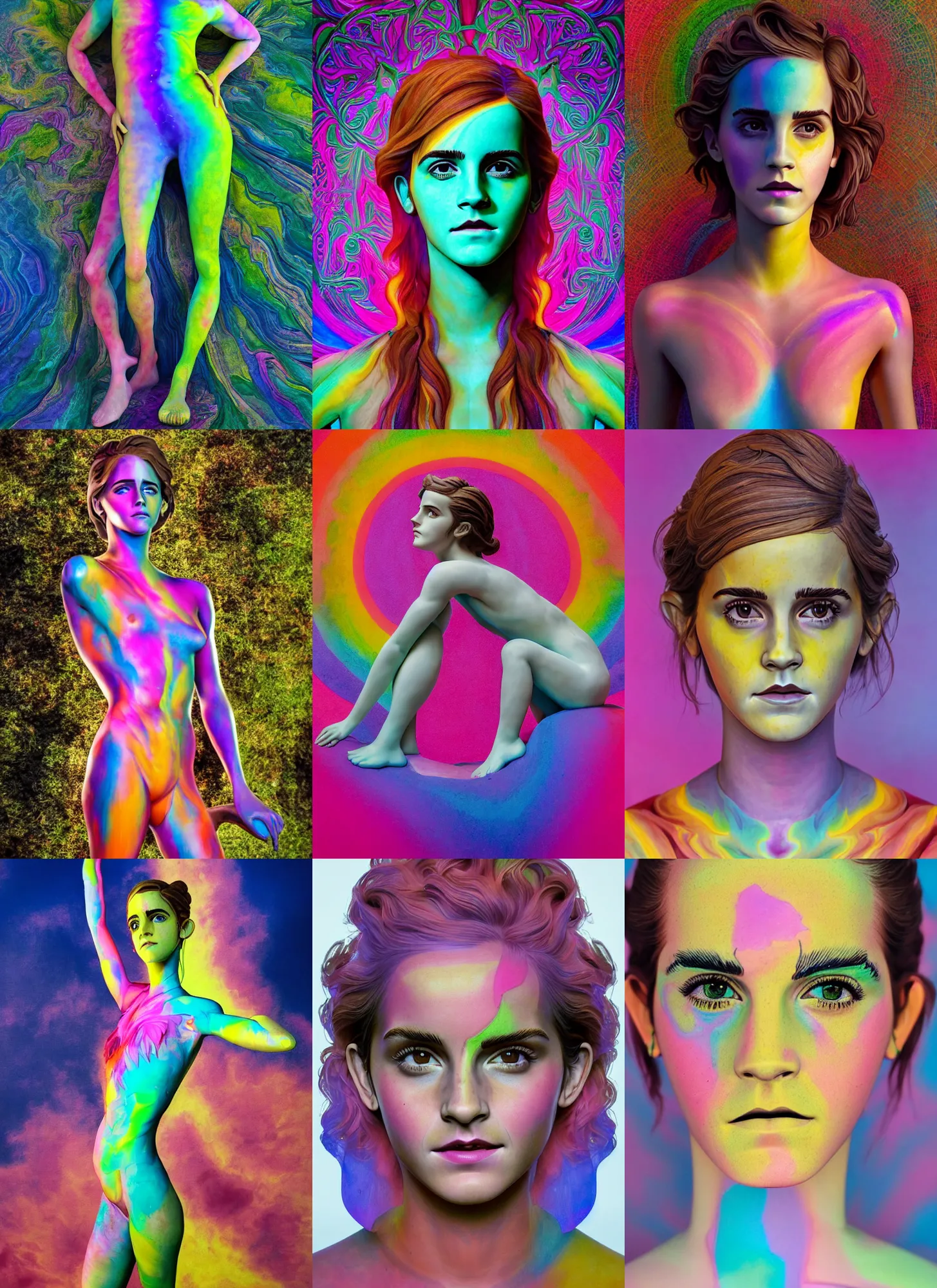 Prompt: full body statue of Emma Watson by Jean-Baptiste Carpeaux and Luo Li Rong and Michael James Talbot, all body, perfect symmetrical face, colorful, psychedelic psychedelic psychedelic psychedelic colors, cool rainbow bodypainting, synthwave, in full growth, elegant, realistic, 8K, female full-skin figure, hyperrealism, subsurface scattering, raytracing, rim light, Octane Render, Redshift, Zbrush, complex psychedelic glitch background