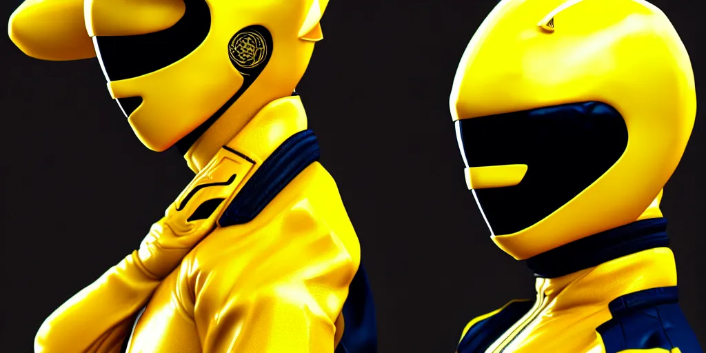 Image similar to symmetry!! portriat, yellow ranger, samurai, asian, artstation, art by murata, art by oda echiiro, lightning helmet, 3 d, jumpsuit, tracksuit, yellow, gloves, logo