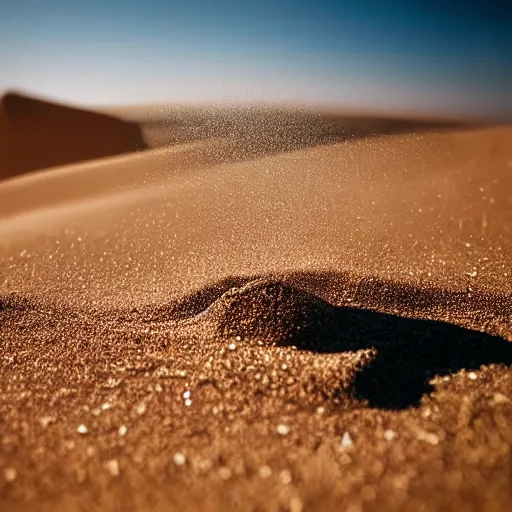 Prompt: Woman made out of sand sitting in desert and staring down at her hand as it slowly blows away and disappears grain by grain. high quality, photo realistic, ultra detail, artistic lighting, realistic, award winning photo, trending on artstation