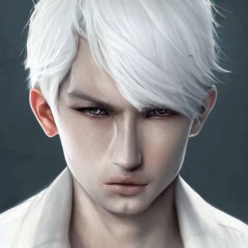 Prompt: Semi realistic anime illustration of white haired parted down the middle short hair man, with beautiful hyperdetailed BLACK SCLERA eyes, front facing shot, full face portrait made by Stanley Artgerm, WLOP, Rossdraws, James Jean Andrei Riabovitchev, Marc Simonetti, Yoshitaka Amano, Artstation