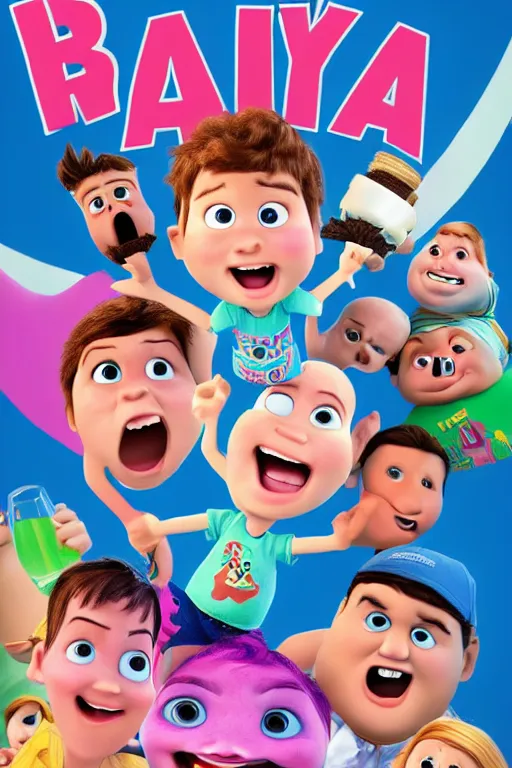 Image similar to movie poster for frat baby, an official promotional poster for the pixar animated film frat baby about a baby in a fraternity who has to learn how to party with frat bros, high quality animated film poster