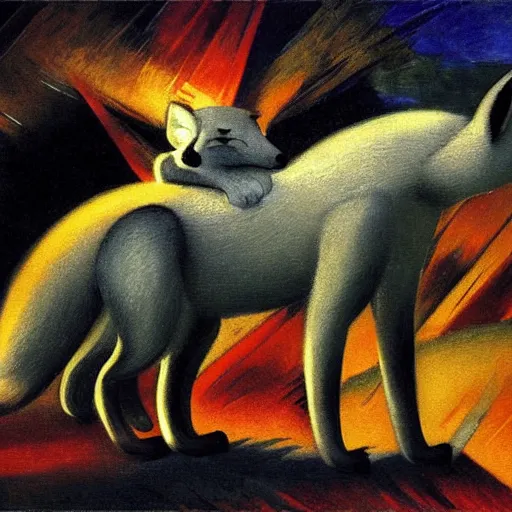 Prompt: an oversized fox with a saddle on its back, being ridden by a raccoon, digital art, furry art, glowing with silver light, painting by franz marc, by jean - leon gerome, by winsor mccay, today's featured photograph, 1 6 k, character design, realistic, detailed