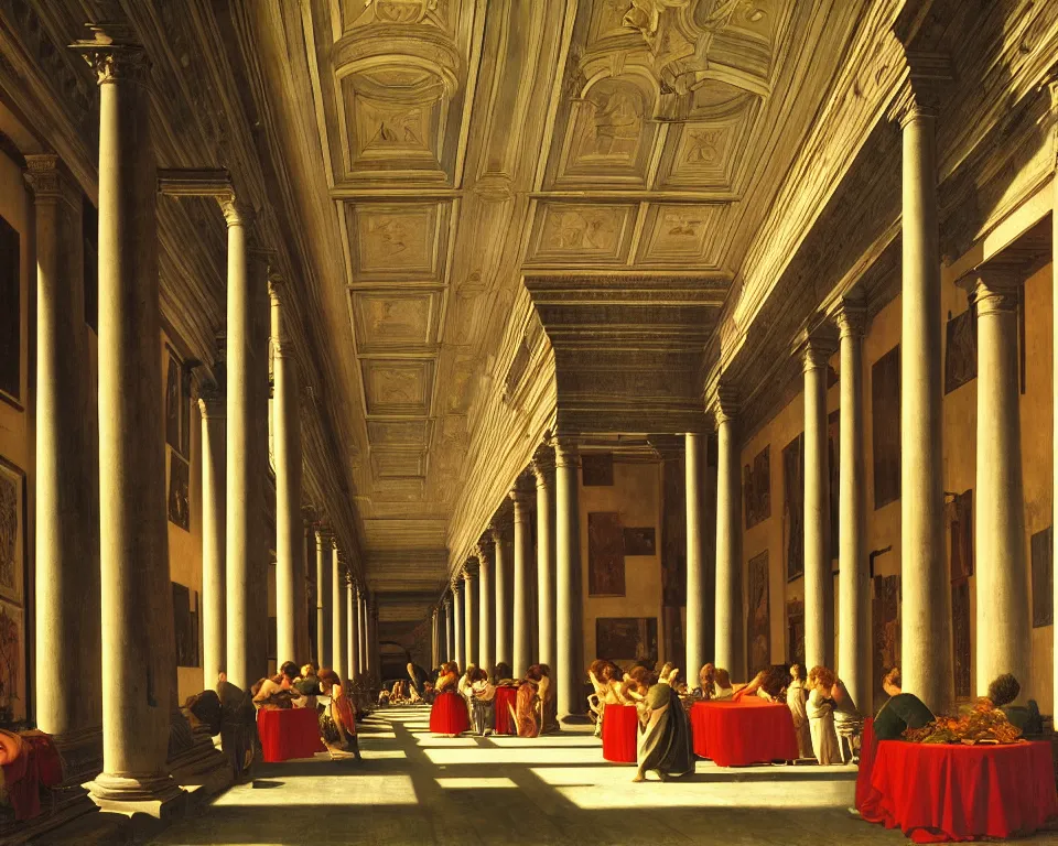 Prompt: an achingly beautiful print of the interior of the Uffizi gallery teeming with vibrant paintings, classical antiquities, and plants in amphorae by Raphael, Hopper, and Rene Magritte. detailed, romantic, enchanting, trending on artstation.