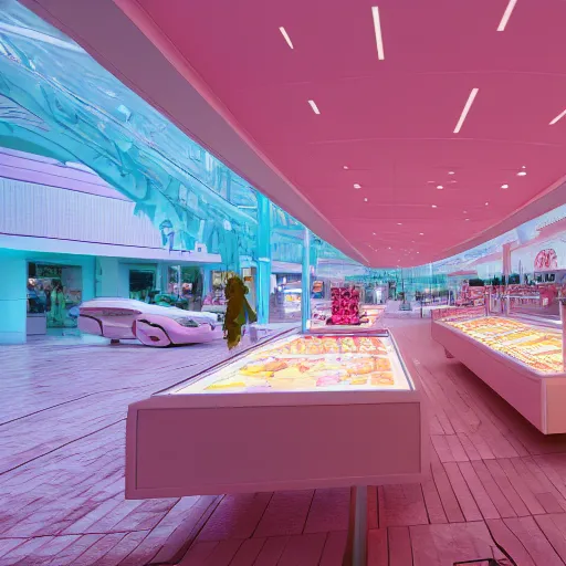 Prompt: pastel pink shopping mall underwater, hyper realistic, extremely detailed, concept art, trending on artstatoon, atmospheric, 8k, octane render, unreal engine