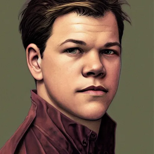 Image similar to Young Matt Damon, highly detailed, digital painting, artstation, concept art, smooth, sharp focus, illustration, ArtStation, art by artgerm and greg rutkowski and alphonse mucha and J. C. Leyendecker and Edmund Blair Leighton and Katsuhiro Otomo and Geof Darrow and Phil hale and Ashley wood and Ilya repin and Charlie Bowater