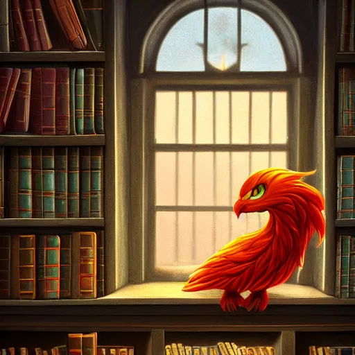 Prompt: a cartoonish adorable phoenix inside a library, curled up on a book, warm lighting, magical atmosphere, trending on artstation, 30mm, by Evgeny Lushpin trending on ArtStation, deviantart, high detail, stylized portrait