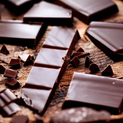 Image similar to pieces of dark chocolate on a wooden cutting board, dramatic cool, close up, dslr photo