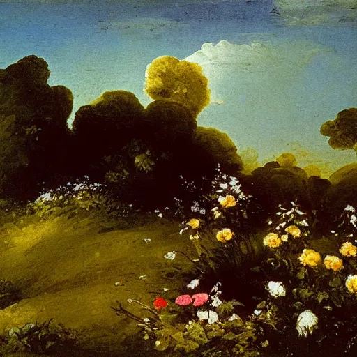 Image similar to oil painting of flowers on meadow, bright romanticism by goya