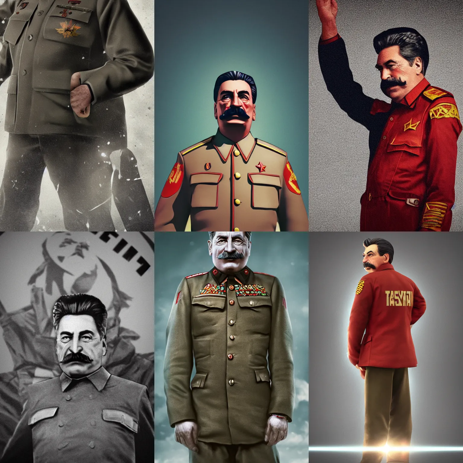 Prompt: front view, full body portrait stalin using a soviet era jacket, one arm up, splash art, movie still, octane render, long lens, shallow depth of field, bokeh, anamorphic lens flare, 8k, hyper detailed, 35mm film grain