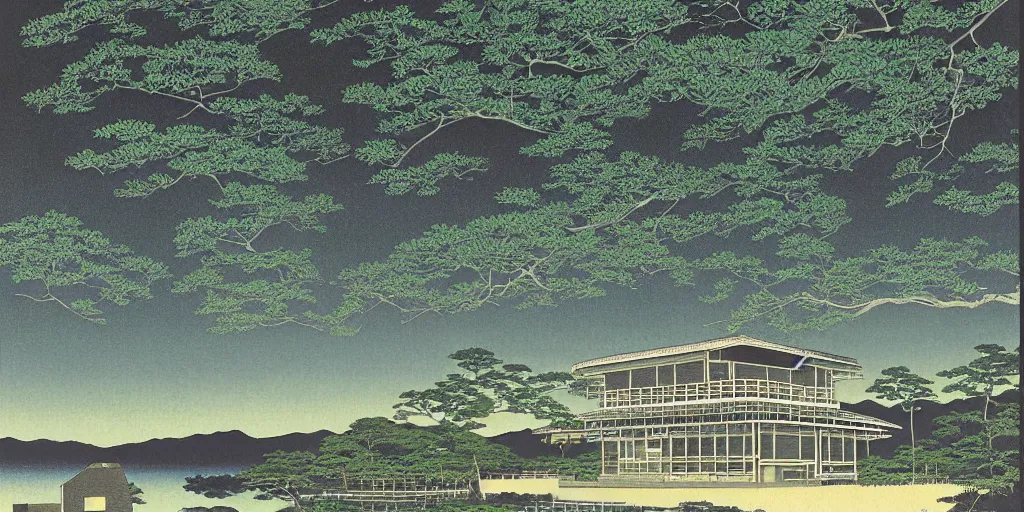 Image similar to painting by Hasui Kawase, atmospheric cozy futuristic organic white concrete house in the middle of a lush and dense forest at night, a beautiful lake next to it, night time, night sky, starry night sky, by Hasui Kawase