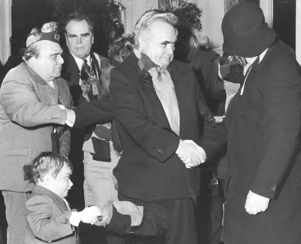 Prompt: Eric Cartman shaking hands with Richard Nixon, close-up photograph