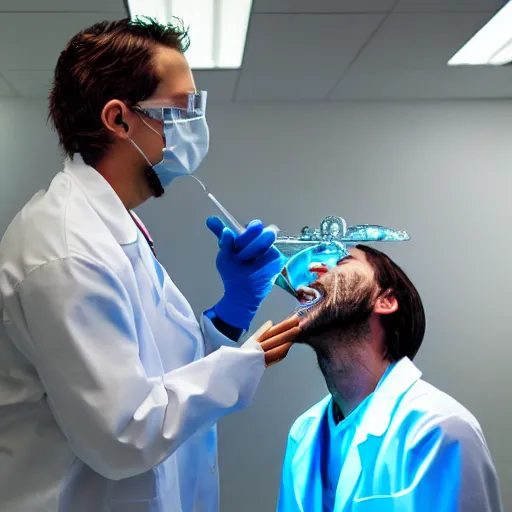 Image similar to a scientist standing over an android. the android is sitting in a dentist's chair. a white viscous liquid is pouring from the scientist's mouth like a river, into the mouth of the android. 3 5 mm 8 k hdr realistic