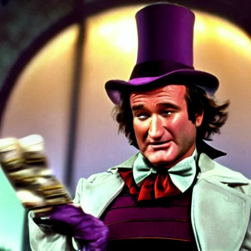 Image similar to stunning awe inspiring robin williams as willy wonka, movie still 8 k hdr atmospheric lighting