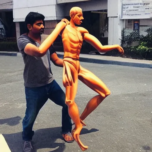 Prompt: “Indian man fighting human sized stretch Armstrong, award winning photo”