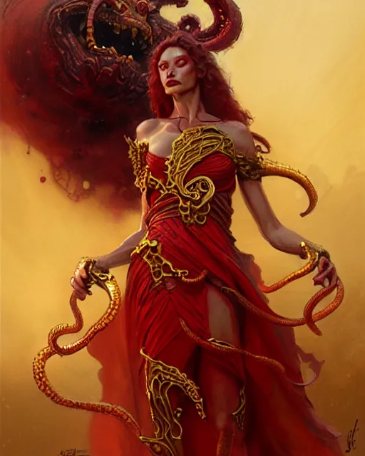 Image similar to fierce medusa in a red and golden dress, fantasy character portrait, ultra realistic, concept art, intricate details, highly detailed by greg rutkowski, gaston bussiere, craig mullins, simon bisley