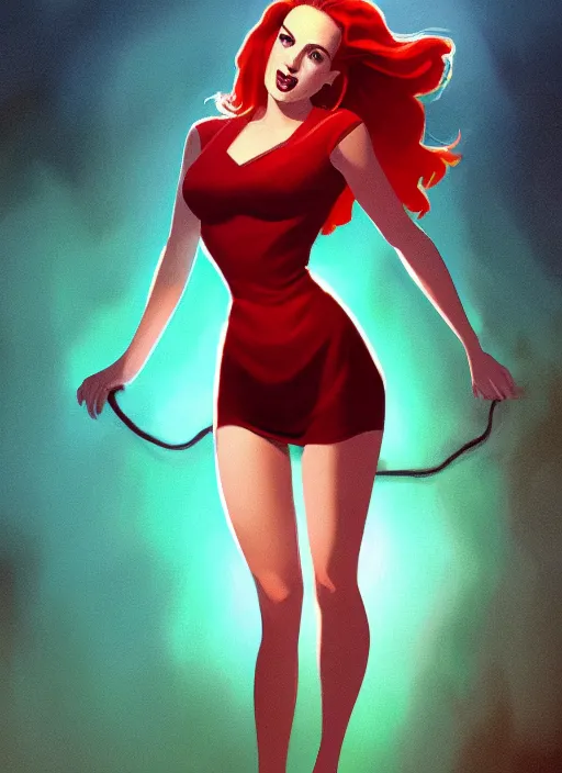 Image similar to full body portrait of teenage cheryl blossom, bangs, green eyes, mischievous expression, red hair, sultry smirk, bangs and wavy hair, intricate, elegant, glowing lights, highly detailed, digital painting, artstation, concept art, smooth, sharp focus, illustration, art by wlop, mars ravelo and greg rutkowski