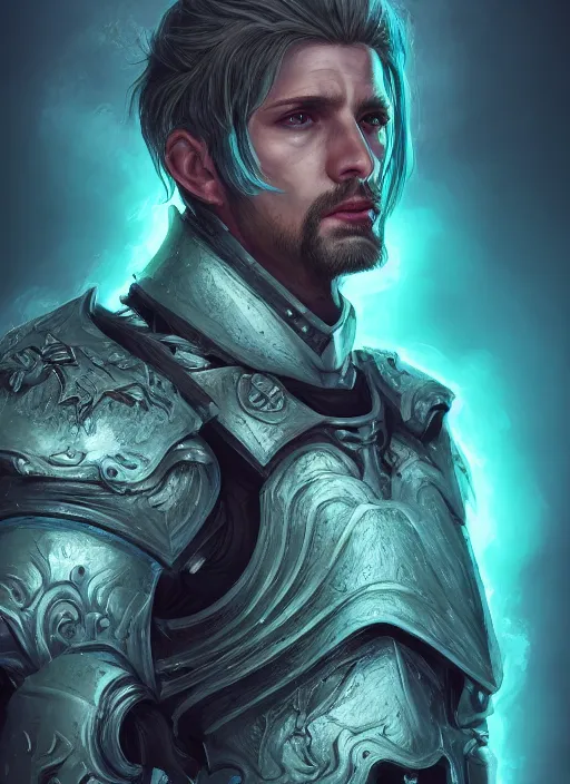 Prompt: an epic fantastic realism comic book style portrait painting of an aasimar paladin, male, silver hair, short brown beard, glowing eyes, d & d concept art, regal, unreal 5, daz, teal aesthetic, octane render, cosplay, rpg portrait, dynamic lighting