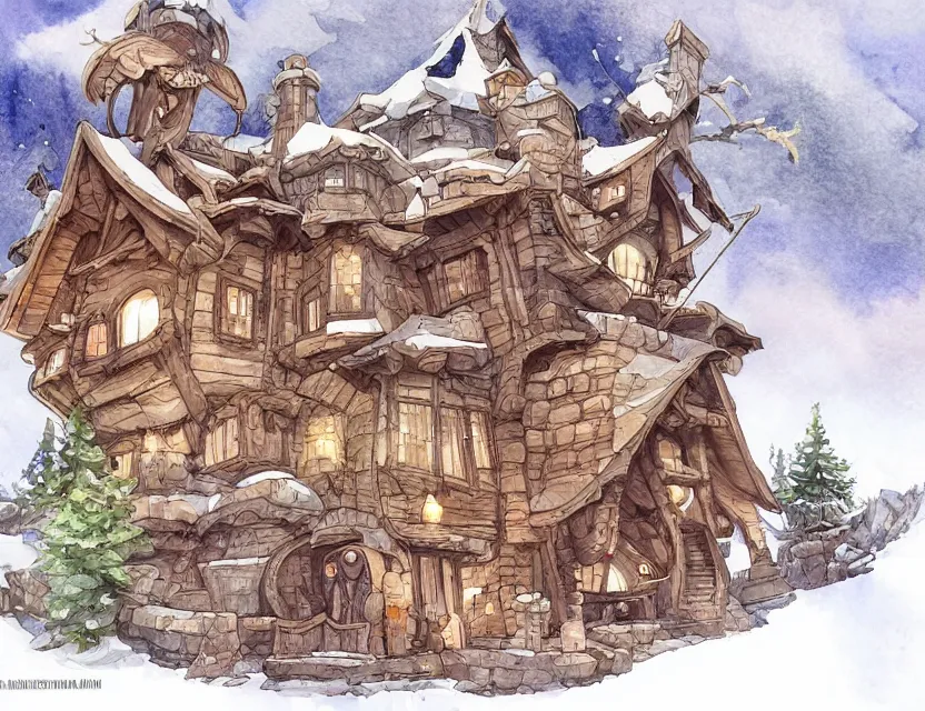 Image similar to cute and funny, a magicians cabin carved into a mountain, centered award winning watercolor pen illustration, edited by range murata, tiny details by artgerm and watercolor girl, sharply focused